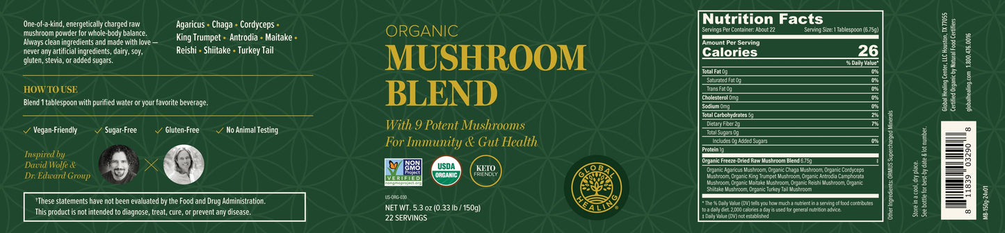 Mushroom Blend: 9 Raw, Powerful Essential Macro & Micronutrients, Antioxidants, Gut-Friendly Compounds, Provides Immunity Support