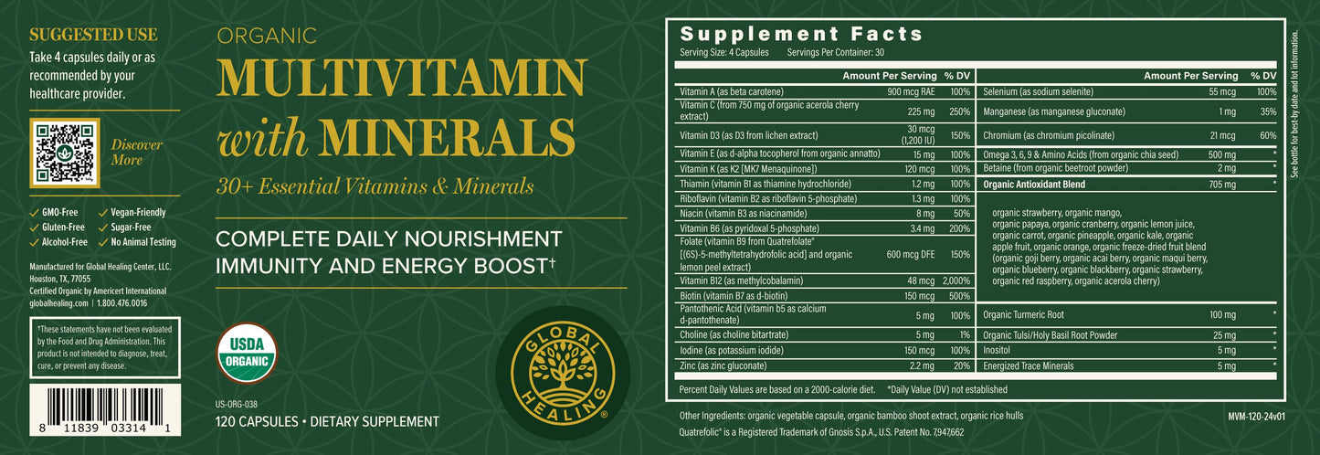 Multivitamin with Minerals: Certified Organic, Plant-Based 30+ Vitamins & Minerals