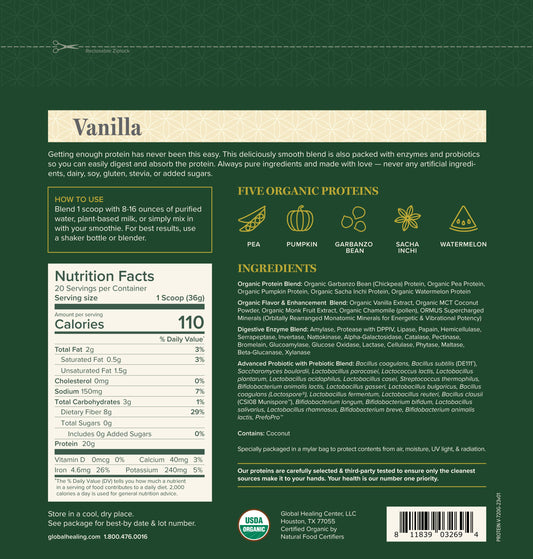 Protein Powder: 20g Plant-Based Protein/Scoop Vanilla Or Chocolate