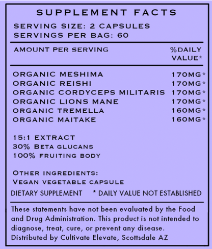 6 Mushroom Complex Capsules for Energy, Focus, Immunity & Stress Support