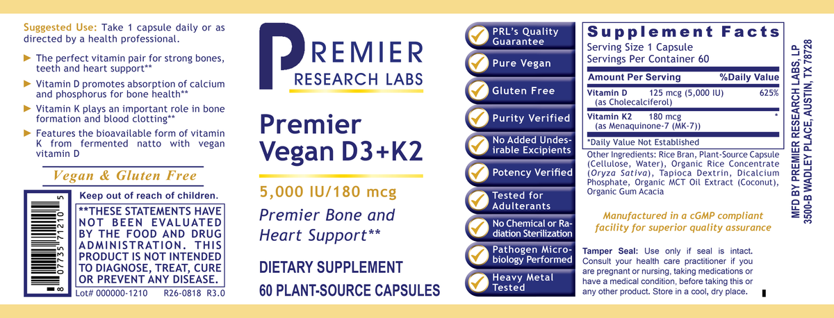 Premier Research Labs Vitamin D3+K2 | 5,000 IU D3 + 180 mcg K2